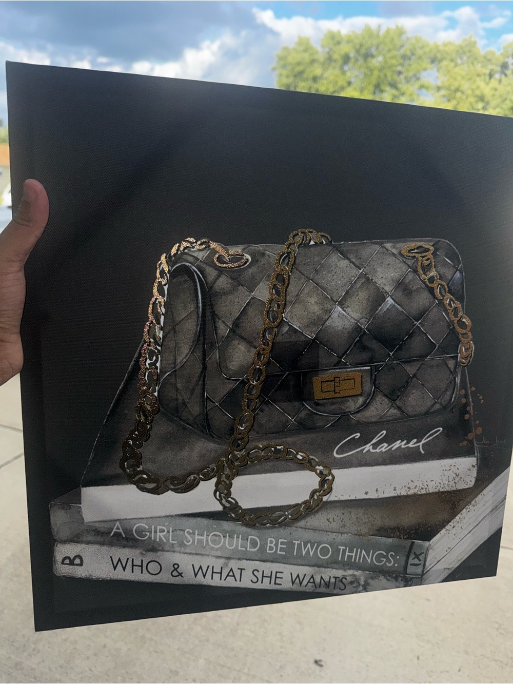 CHANEL Black Quilted Shoulder Bag Print with Gold Chain Wall Art
